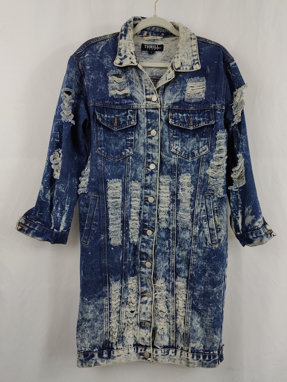 Thrill Destroyed Distressed Acid Wash Long Jean Jacket, Sz S